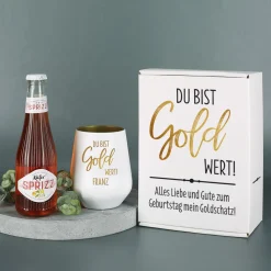 Du bist Gold wert! - Geschenkset mit graviertem Trinkglas und Käfer Sprizz