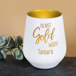 Du bist Gold wert! - Kerzenbecher in Schwarz oder Weiß mit Namensgravur