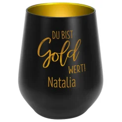 Du bist Gold wert! - Kerzenbecher in Schwarz oder Weiß mit Namensgravur
