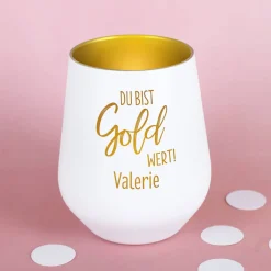 Du bist Gold wert! - Kerzenbecher in Schwarz oder Weiß mit Namensgravur