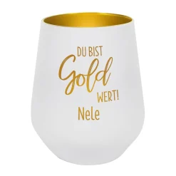 Du bist Gold wert! - Kerzenbecher in Schwarz oder Weiß mit Namensgravur