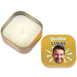 Duftkerze mit Foto, Wunschtext und Motiv personalisiert | Gastgeschenk für Geburtstag & Einschulung