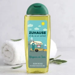 Duschgel mit Wohnwagen Motiv & Wunschtext personalisiert | Geschenk für Camping Fans und Urlaub