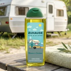 Duschgel mit Wohnwagen Motiv & Wunschtext personalisiert | Geschenk für Camping Fans und Urlaub