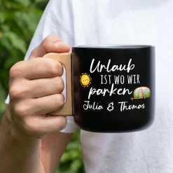Edelstahl Becher mit Holzgriff für Camping & Outdoor personalisiert mit Name und Spruch | 400 ml Tasse
