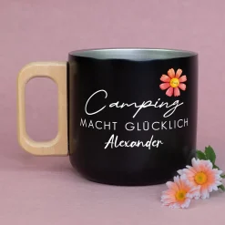 Edelstahl Becher mit Holzgriff für Camping & Outdoor personalisiert mit Name und Spruch | 400 ml Tasse