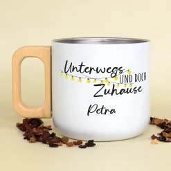 Edelstahl Becher mit Holzgriff für Camping & Outdoor personalisiert mit Name und Spruch | 400 ml Tasse
