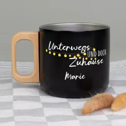 Edelstahl Becher mit Holzgriff für Camping & Outdoor personalisiert mit Name und Spruch | 400 ml Tasse