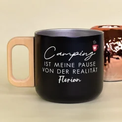 Edelstahl Becher mit Holzgriff für Camping & Outdoor personalisiert mit Name und Spruch | 400 ml Tasse