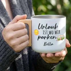 Edelstahl Becher mit Holzgriff für Camping & Outdoor personalisiert mit Name und Spruch | 400 ml Tasse