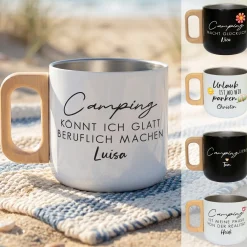 Edelstahl Becher mit Holzgriff für Camping & Outdoor personalisiert mit Name und Spruch | 400 ml Tasse