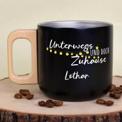 Edelstahl Becher mit Holzgriff für Camping & Outdoor personalisiert mit Name und Spruch | 400 ml Tasse