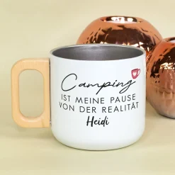 Edelstahl Becher mit Holzgriff für Camping & Outdoor personalisiert mit Name und Spruch | 400 ml Tasse