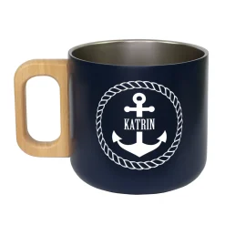 Edelstahl Tasse mit Anker & Name personalisiert | Maritimer Becher mit Holzgriff in Marine Blau 400ml