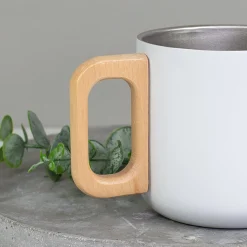 Edelstahl Tasse mit Holzgriff 'Einatmen Ausatmen Lächeln' | Doppelwandiger Becher als witziges Geschenk