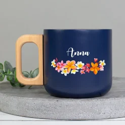 Edelstahl Tasse mit Holzgriff, Blumen Motiv & Name personalisiert | Nachhaltiges Geschenk für Frauen