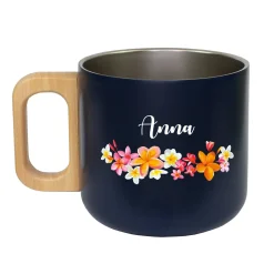 Edelstahl Tasse mit Holzgriff, Blumen Motiv & Name personalisiert | Nachhaltiges Geschenk für Frauen