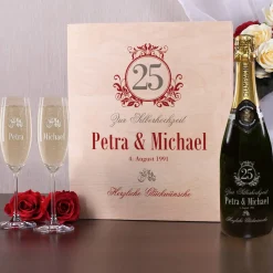 Edles Champagner Geschenkset zur Silberhochzeit mit Namen und Datum
