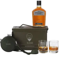 Edles Whisky-Geschenkset in original Munitionsbox mit gravierten Whiskygläsern und Feldflasche