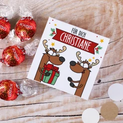 Eine Kleinigkeit zu Weihnachten - 4 Lindorkugeln in Verpackung mit Rentierdesign