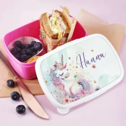 Einhorn Brotdose in pink mit Ihrem Wunschnamen bedruckt