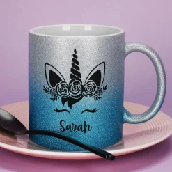 Einhorn - Glitzertasse mit Name - 3 Farben zur Auswahl