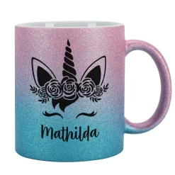 Einhorn - Glitzertasse mit Name - 3 Farben zur Auswahl
