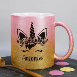 Einhorn - Glitzertasse mit Name - 3 Farben zur Auswahl