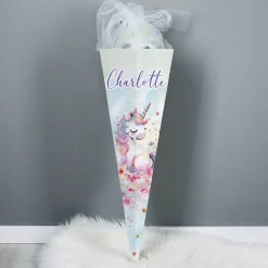 Einhorn - Schultüte mit Name und Blumen bedruckt