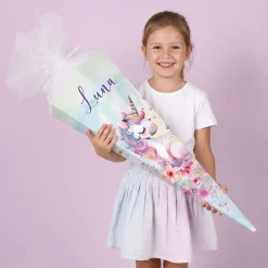 Einhorn - Schultüte mit Name und Blumen bedruckt