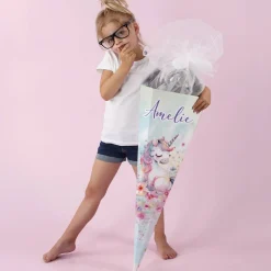 Einhorn - Schultüte mit Name und Blumen bedruckt