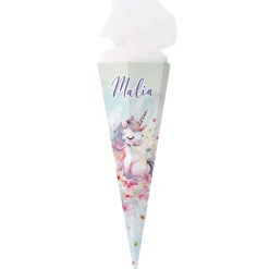 Einhorn - Schultüte mit Name und Blumen bedruckt