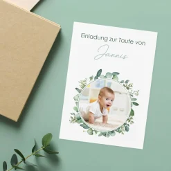 Einladungskarte Eukalyptus mit Foto - zur Taufe, Kommunion oder Konfirmation
