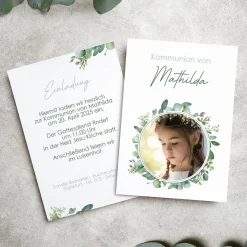 Einladungskarte Eukalyptus mit Foto - zur Taufe, Kommunion oder Konfirmation