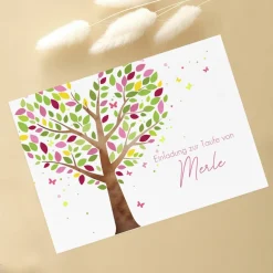 Einladungskarte - Lebensbaum rosa-violett - zur Taufe, Kommunion oder Konfirmation