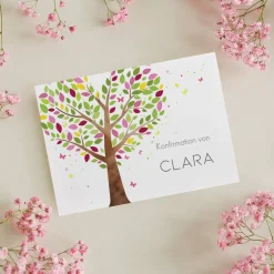 Einladungskarte - Lebensbaum rosa-violett - zur Taufe, Kommunion oder Konfirmation