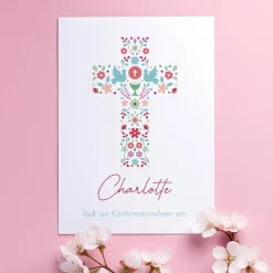 Einladungskarte mit Kreuz aus Blüten - zur Taufe, Kommunion oder Konfirmation