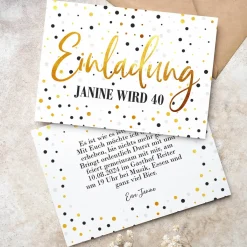 Einladungskarte zum Geburtstag mit goldfarbenem Konfettimotiv