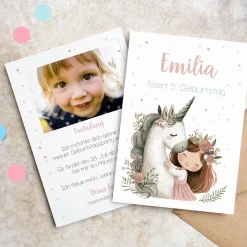 Einladungskarte zum Kindergeburtstag mit Einhornmotiv