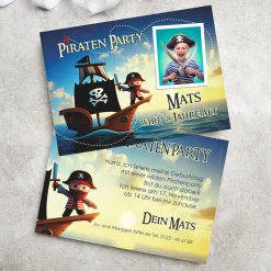 Einladungskarte zum Kindergeburtstag mit Piratenmotiv und Foto