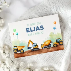 Einladungskarte zum Kindergeburtstag im Bagger und Baustellen Design mit Wunschdaten