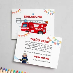 Einladungskarte zum Kindergeburtstag zur Feuerwehr-Party mit Wunschdaten