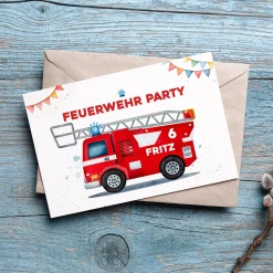 Einladungskarte zum Kindergeburtstag zur Feuerwehr-Party mit Wunschdaten