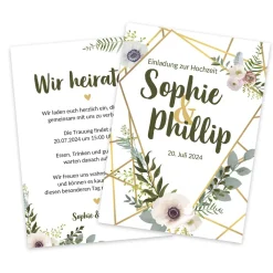 Einladungskarte zur Hochzeit mit goldenem Blumenmotiv