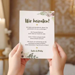Einladungskarte zur Hochzeit mit goldenem Blumenmotiv