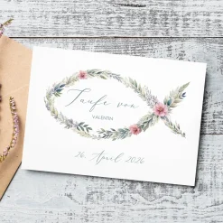 Einladungskarte zur Konfirmation, Kommunion, Taufe mit Wunschdaten | Blumen-Fisch Ichthys