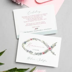 Einladungskarte zur Konfirmation, Kommunion, Taufe mit Wunschdaten | Blumen-Fisch Ichthys