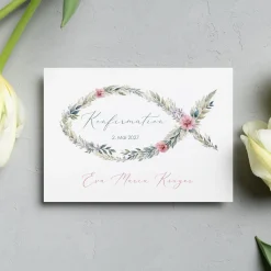 Einladungskarte zur Konfirmation, Kommunion, Taufe mit Wunschdaten | Blumen-Fisch Ichthys