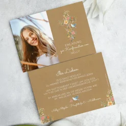Einladungskarte zur Konfirmation, Kommunion, Taufe mit Foto & Wunschdaten | Blumenkreuz
