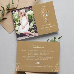 Einladungskarte zur Konfirmation, Kommunion, Taufe mit Foto & Wunschdaten | Blumenkreuz